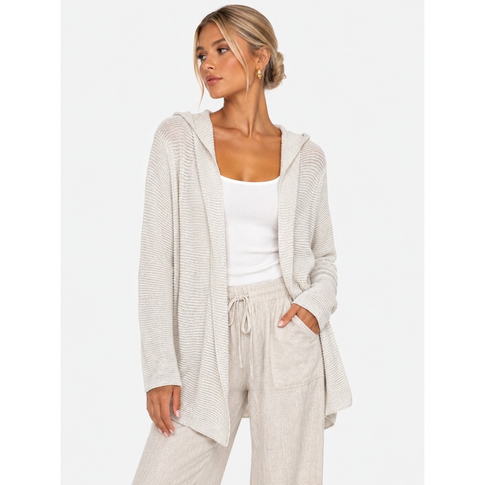 Eileen Fisher White Organic Linen Cotton Knit Hooded Cardigan Sweater M NWOT